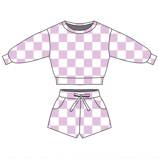 1.6 GLS0089 Pre order No Moq Baby Girls Purple Checked Long Sleeve Top Pockets Shorts Clothes Sets