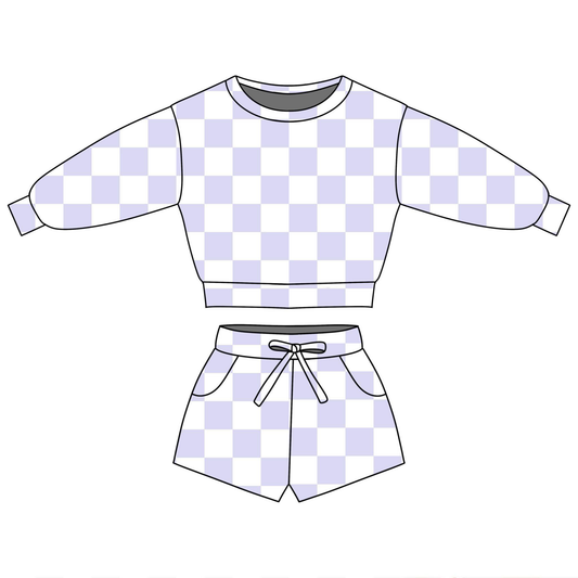 1.6 GLS0090 Pre order No Moq Baby Girls Lavender Checked Long Sleeve Top Pockets Shorts Clothes Sets