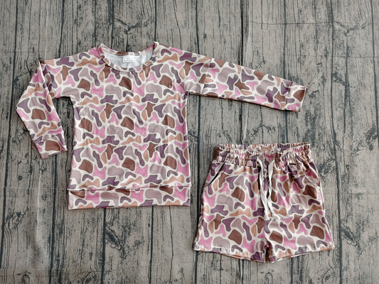 3.17 GLS0091 Sample No Moq Baby Girls Summer Fashion Long Sleeve Southern Camo Top Pockets Shorts Clothes Sets