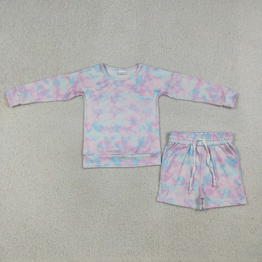 3.31 RTS NO MOQ （In stock）GLS0094 Long sleeves tie dye top shorts kids girls outfits