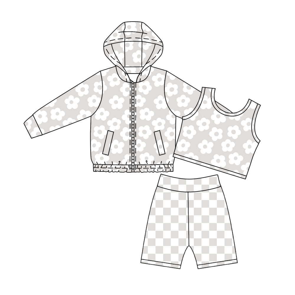 4.23 Pre order No Moq Baby Girls 3 Piece Floral Hoodie Sleeveless Top Checkered Shorts Yoga Set