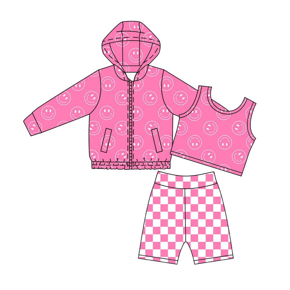 4.23 Pre order No Moq Baby Girls 3 Piece Pink Hoodie Sleeveless Top Checkered Shorts Yoga Set