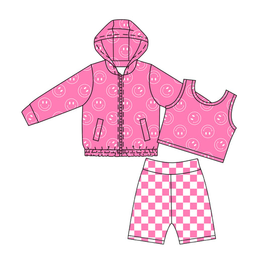 4.23 Pre order No Moq Baby Girls 3 Piece Pink Hoodie Sleeveless Top Checkered Shorts Yoga Set