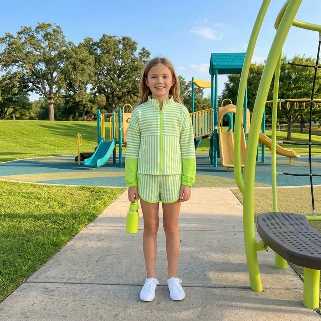 RTS NO MOQ （In stock）yoga fabric GLS0109 (GT1718+SS0952) Yoga Baby Girls Green Stripe Print Zip Pullover Matching Shorts Two Piece Yoga Active Set
