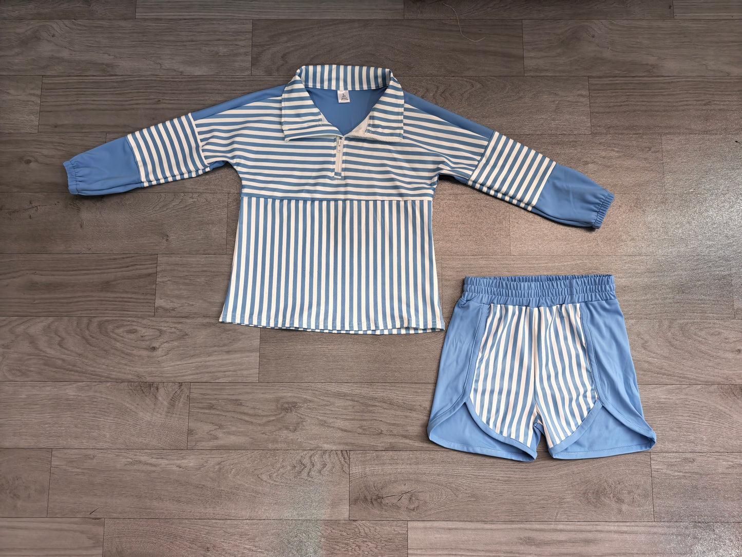 GLS0107(GT1716+SS0950) Sample No Moq yoga fabric Baby Girls Hot Blue Stripe Zip Pullovers Shorts Yoga Active Clothes Sets