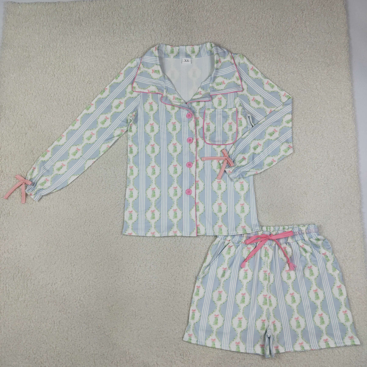 RTS NO MOQ （In stock） GLS0114 milk silk Adult Women Summer Christmas Bow Tree Button Pocket Top Shorts Pajamas Sets