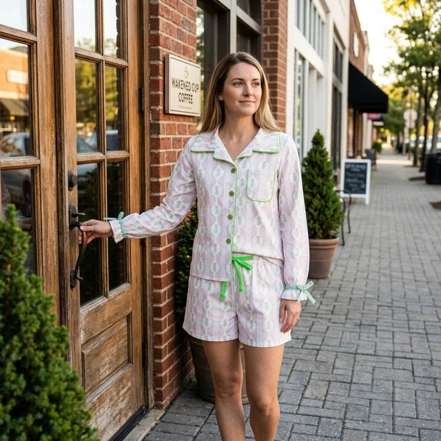RTS NO MOQ （In stock） GLS0115 milk silk Adult Women Summer Bow And Christmas Tree Button Pocket Top Shorts Holiday Sleepwear Sets