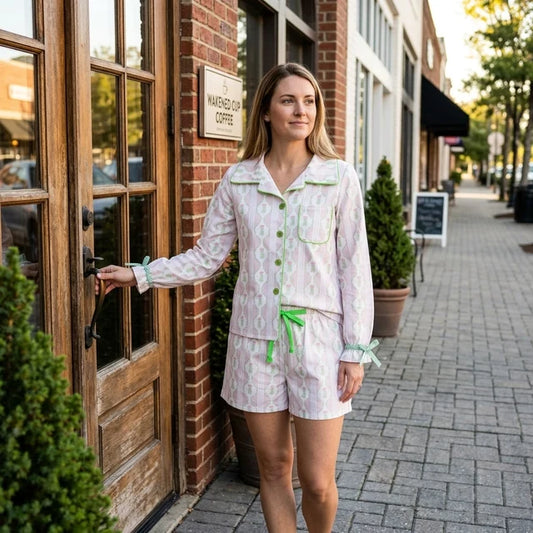 RTS NO MOQ （In stock） GLS0115 milk silk Adult Women Summer Bow And Christmas Tree Button Pocket Top Shorts Holiday Sleepwear Sets