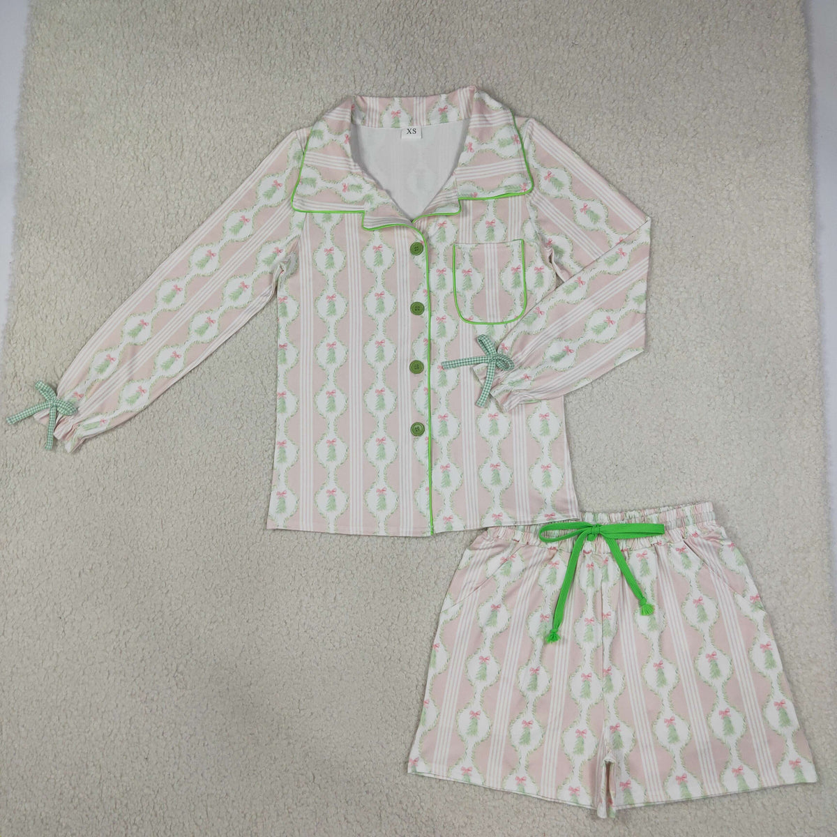 RTS NO MOQ （In stock） GLS0115 milk silk Adult Women Summer Bow And Christmas Tree Button Pocket Top Shorts Holiday Sleepwear Sets