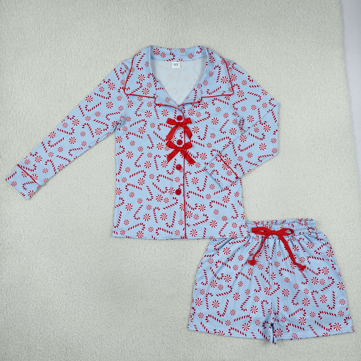 RTS NO MOQ Sibling milk silk Adult Women Long Sleeve Trees Bows Button Pockets Short Christmas Halloween Pajamas Sets