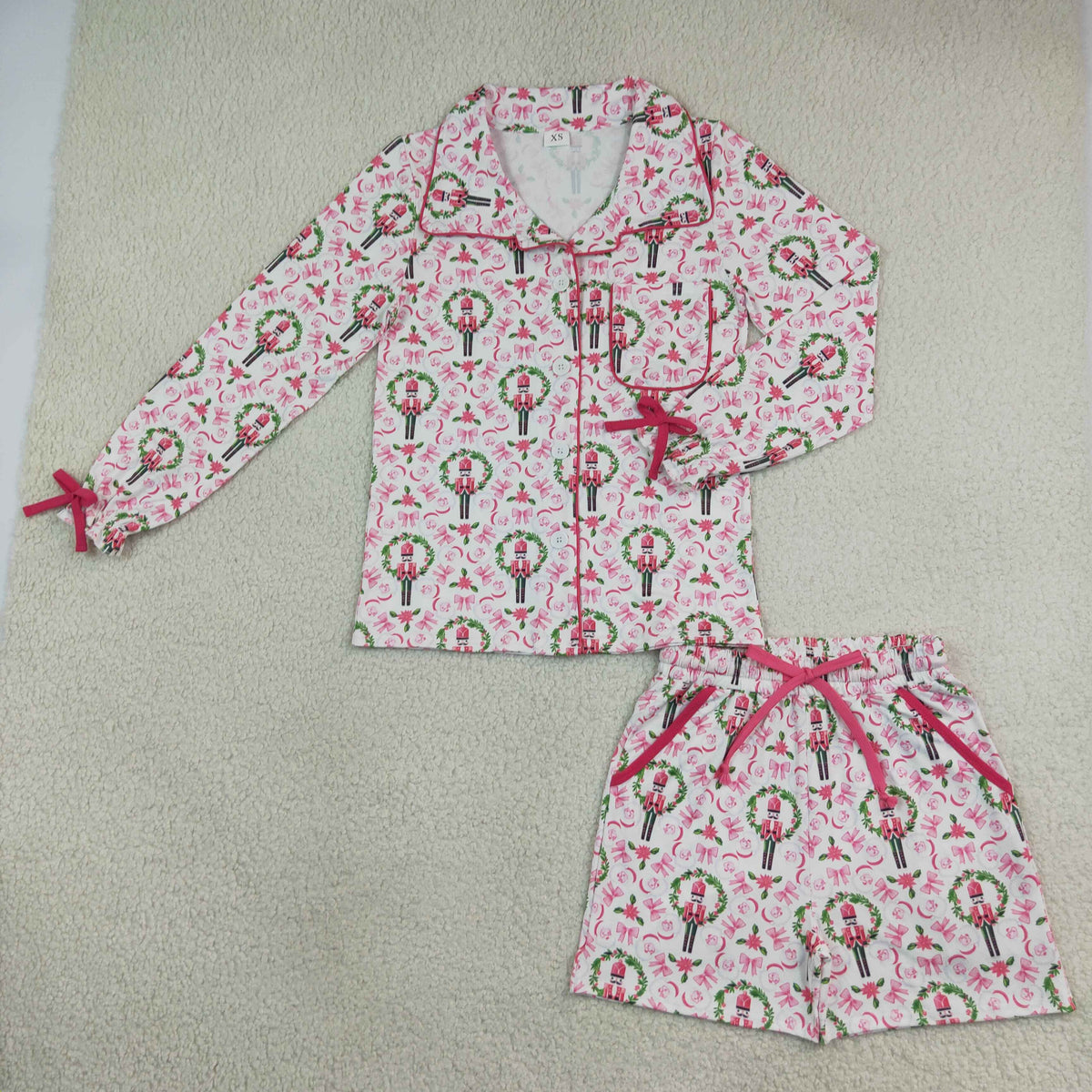 RTS NO MOQ  milk silk GLS0117 Adult Women Summer Soldier And Holly Button Pocket Top Shorts Holiday Christmas Sleepwear Sets