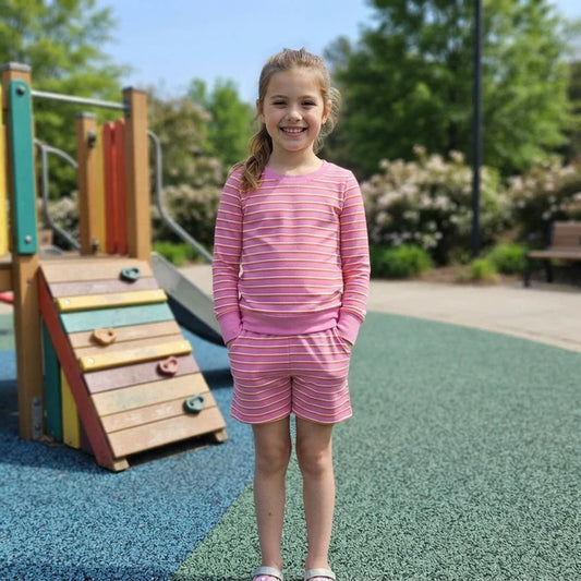 RTS NO MOQ （In stock）GLS0126 yoga fabric GLS0126 Yoga Baby Girls Pink Stripe Shirt Top Short Yoga Set