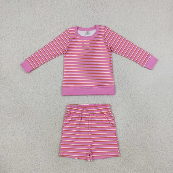 RTS NO MOQ Sibling yoga fabric Baby Girls Striped Long Sleeve Top And Pocket Shorts Yoga Outfit