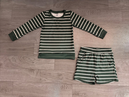 GLS0128 Sample No Moq yoga fabric Baby Girls Green Stripe Shirt Top Short Yoga Active Clothes Set