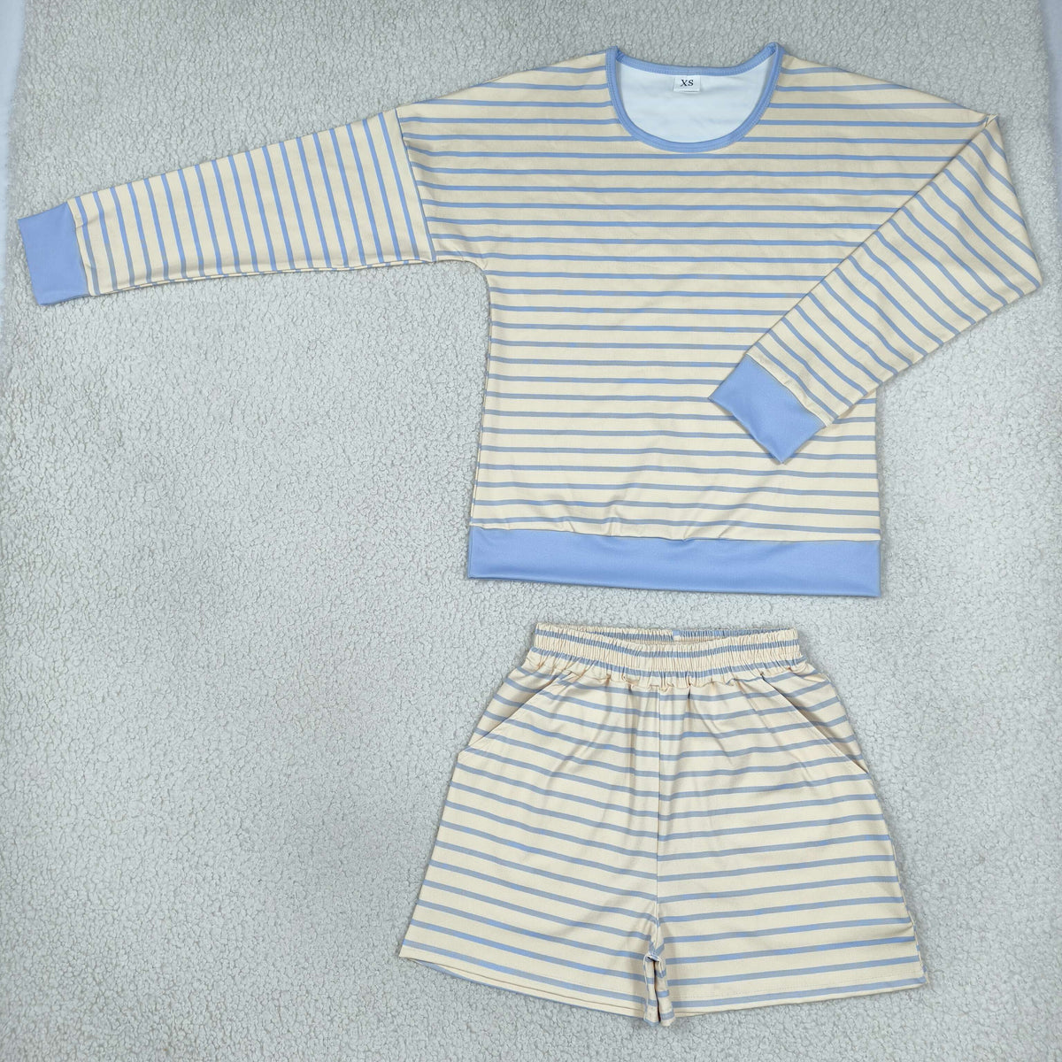 RTS NO MOQ Sibling yoga fabric Adult To Match Kids Blue Cream Striped Long Sleeve Top Elastic Waist Shorts Clothes Set