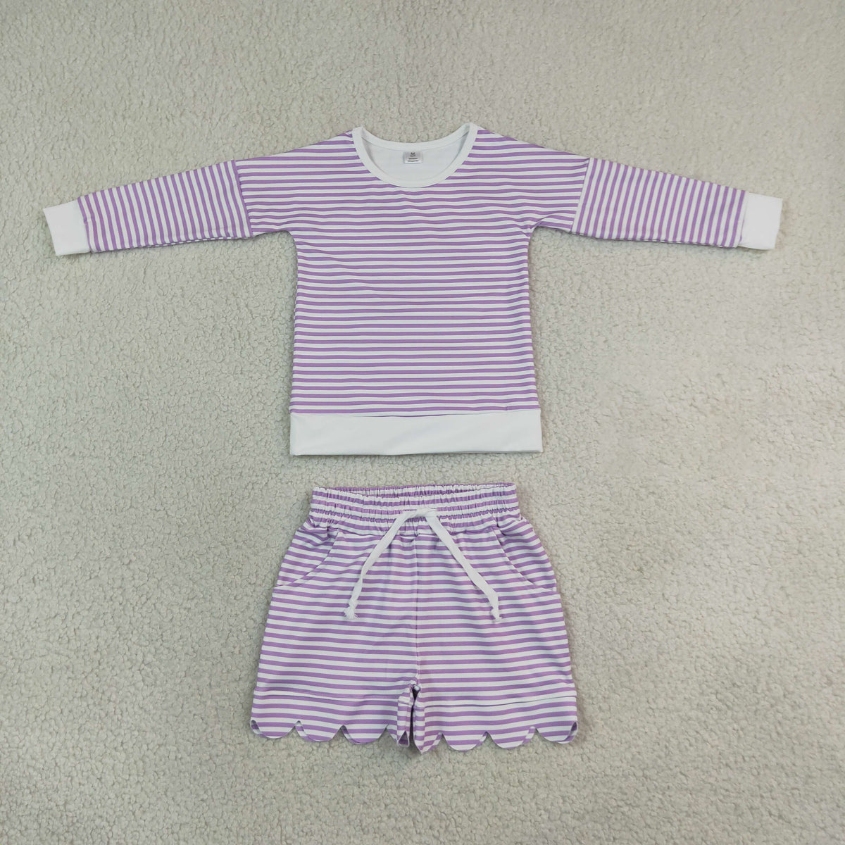 RTS NO MOQ （In stock） yoga fabric GLS0155 Yoga Baby Girls Purple Stripe Shirt Top Scallop Short Yoga Active Set