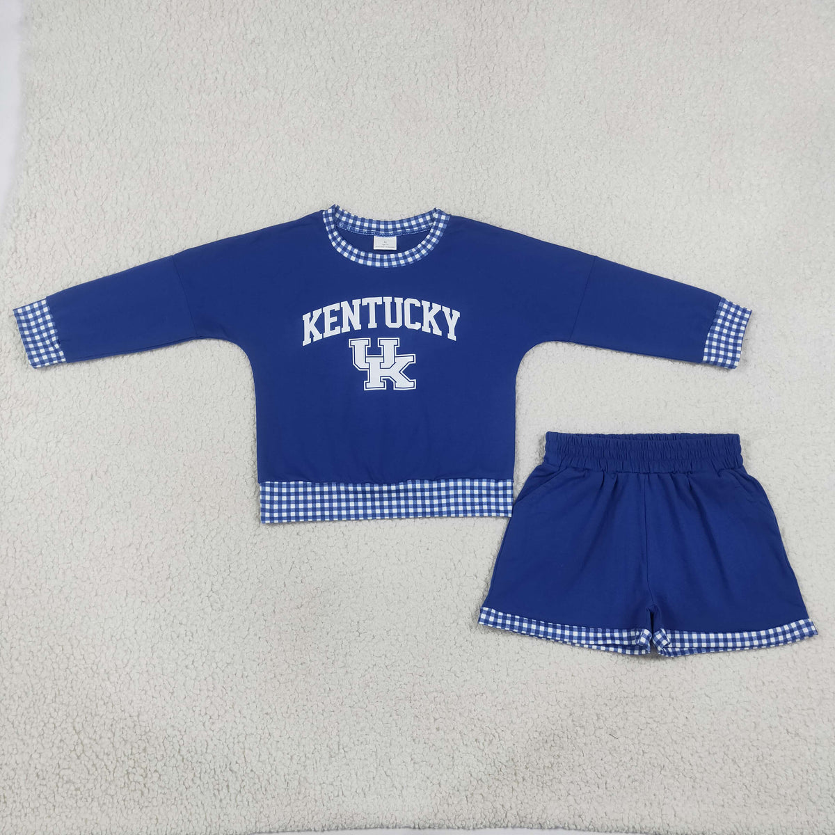 RTS NO MOQ （In stock）GLS0164 Baby Girls Vinyl Kentucky Long Sleeve Top Pockets Short Team Clothes Set