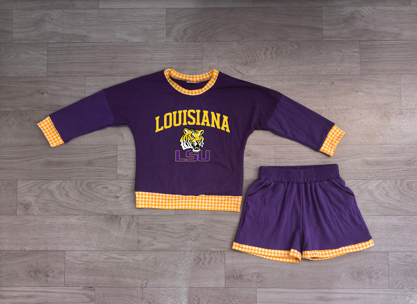 GLS0166 Sample No Moq Baby Boys Vinyl Louisiana Long Sleeve Top Short Team Clothes Set