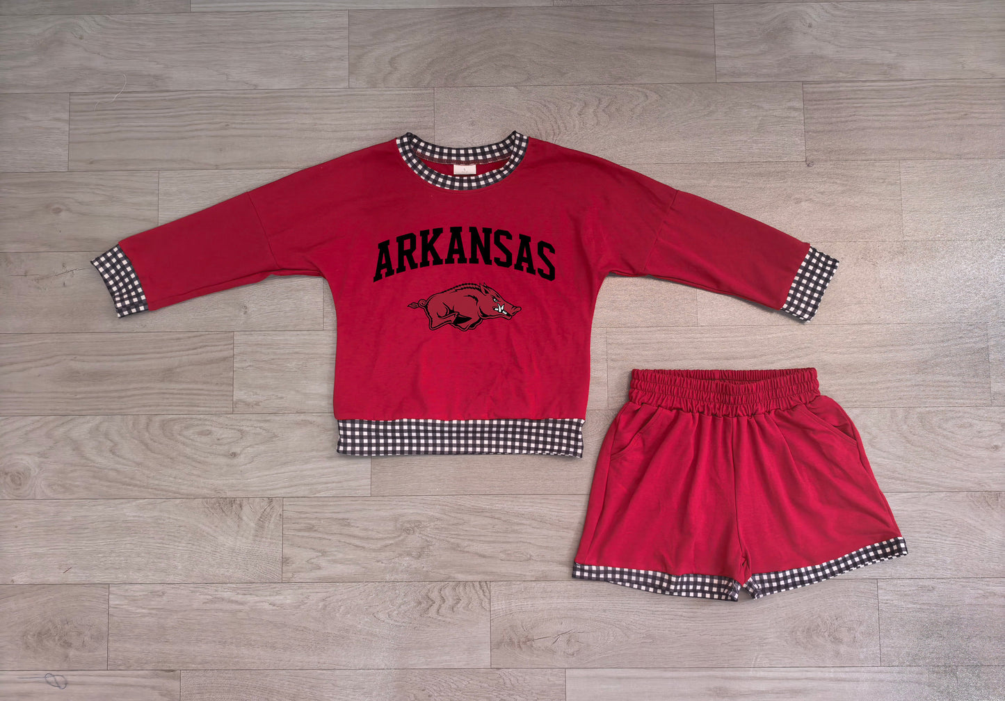 GLS0167 Sample No Moq Baby Boys Vinyl Arkansas Long Sleeve Top Short Team Clothes Set