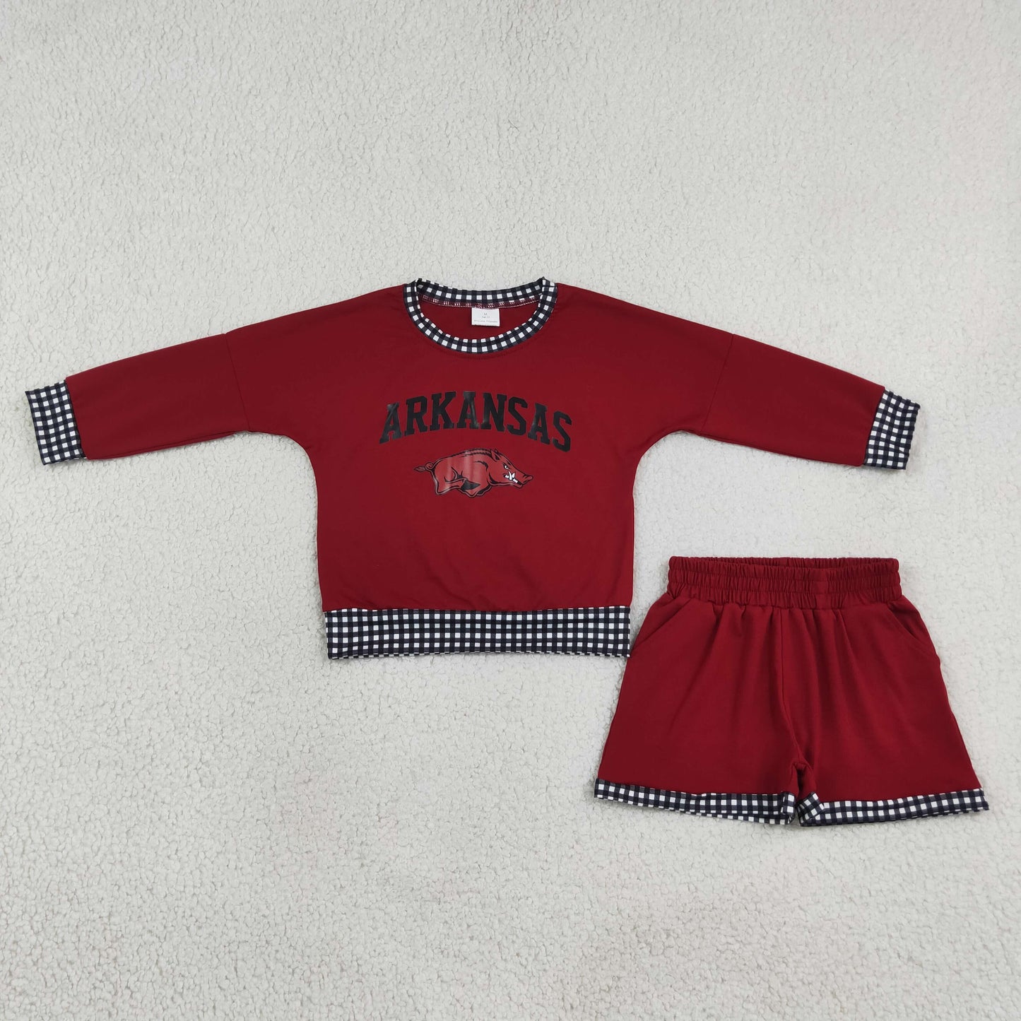 RTS NO MOQ Vinyl GLS0167 Baby Boys Red Long Sleeve Top Short Team Clothes Set