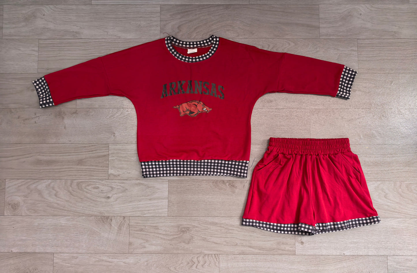 GLS0167 Sample No Moq Baby Boys Vinyl Arkansas Long Sleeve Top Short Team Clothes Set