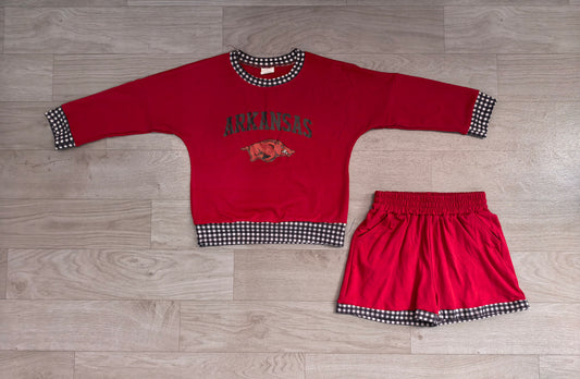GLS0167 Sample No Moq Baby Boys Vinyl Arkansas Long Sleeve Top Short Team Clothes Set