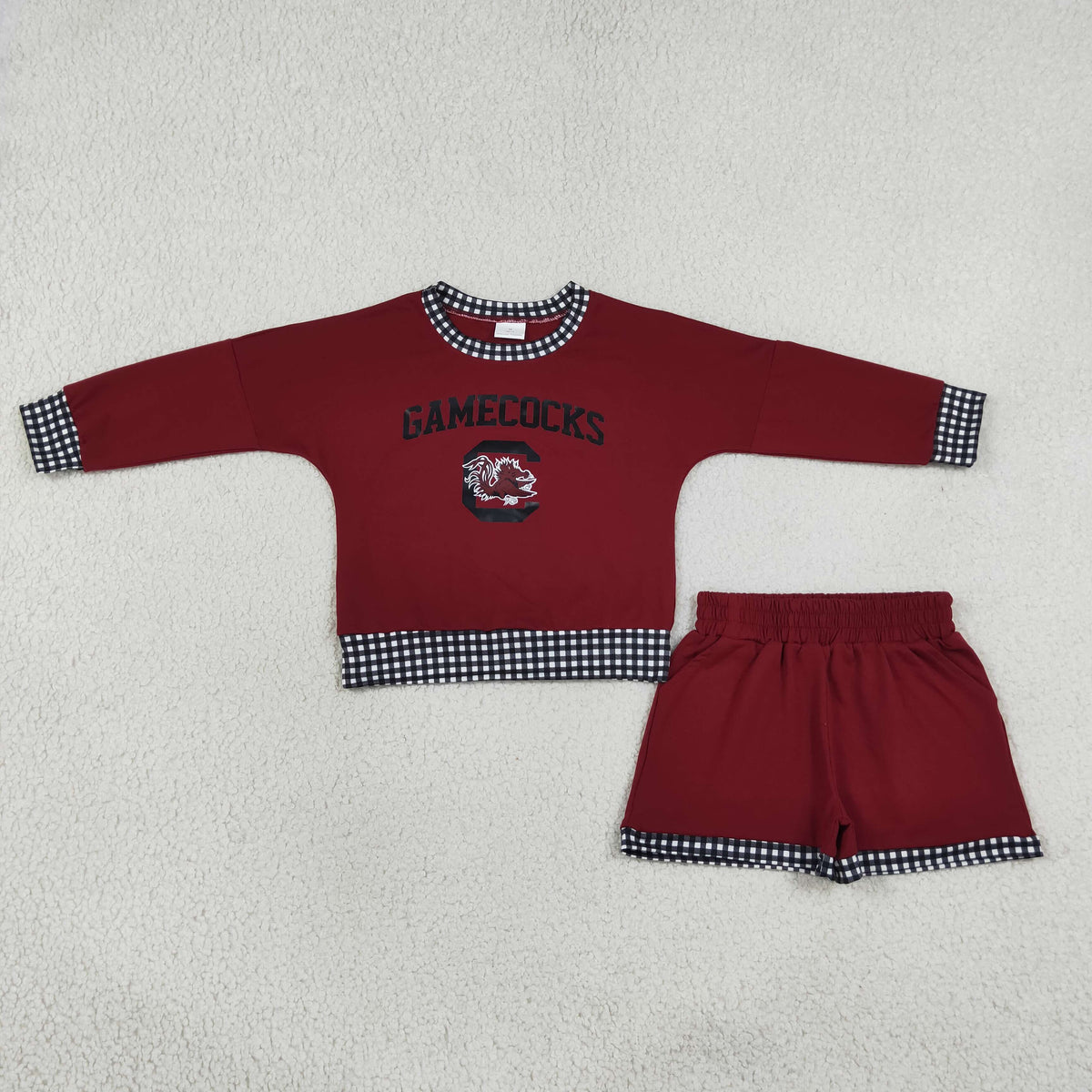 RTS NO MOQ （In stock）GLS0169 Baby Girls Vinyl Gamecocks Long Sleeve Top Pockets Short Team Clothes Set