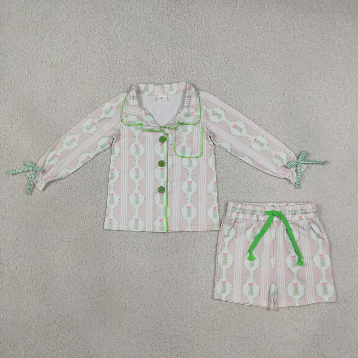 RTS NO MOQ （In stock） GLS0115 milk silk Adult Women Summer Bow And Christmas Tree Button Pocket Top Shorts Holiday Sleepwear Sets