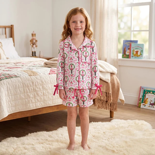 RTS NO MOQ （In stock） GLS0173 Baby Girls Christmas Pink Bow Button Front Pocket Top Short Pajama Set