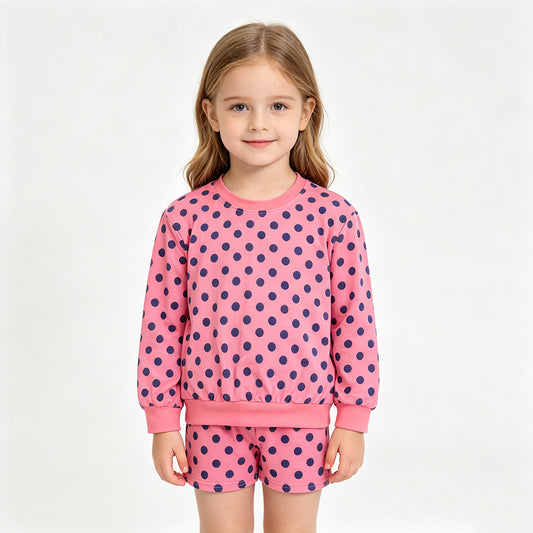 GLS0204 Sample No Moq Baby Girls Pink Long Sleeve olka Dots Top Pockets Short Clothes Set