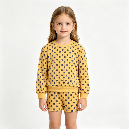 GLS0205 Sample No Moq Baby Girls Gold Long Sleeve Polka Dots Top Pockets Short Clothes Set