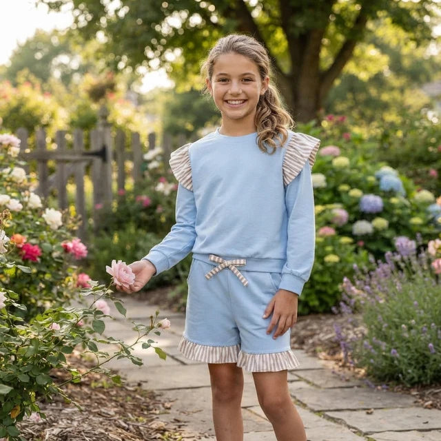RTS NO MOQ （In stock） cotton GLS0216（GT1843+SS0995）Baby Girls Blue Stripe Flutter Sleeve Top Pockets Ruffle Short Set