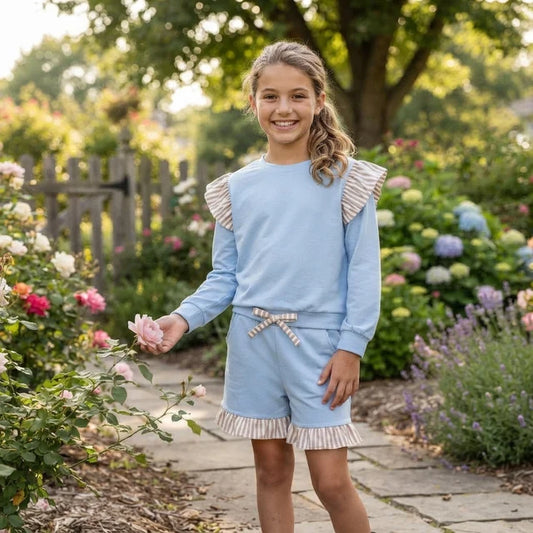RTS NO MOQ （In stock） cotton GLS0216（GT1843+SS0995）Baby Girls Blue Stripe Flutter Sleeve Top Pockets Ruffle Short Set