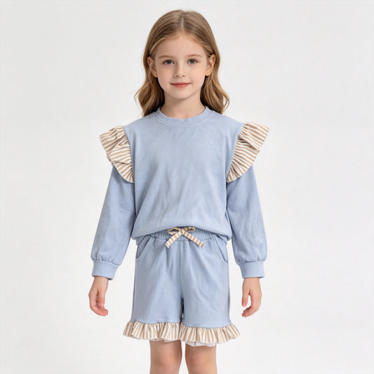 GLS0216（GT1843+SS0995） Sample No Moq Baby Girls Blue Stripe Flutter Sleeve Top Pockets Ruffle Short Clothes Set