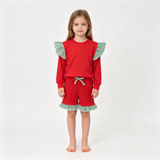 GLS0217（GT1844+SS0997） Sample No Moq Baby Girls Blue Stripe Flutter Sleeve Top Pockets Ruffle Short Clothes Set