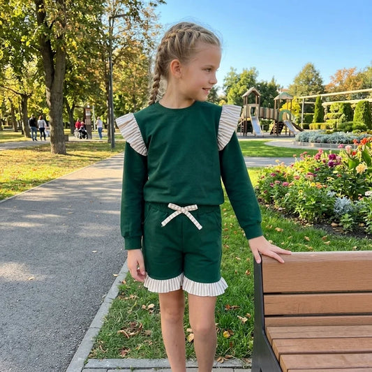 RTS NO MOQ （In stock）cotton GLS0218（GT1845+SS0998）Baby Girls Green Stripe Flutter Sleeve Top Pockets Ruffle Short Clothes Set