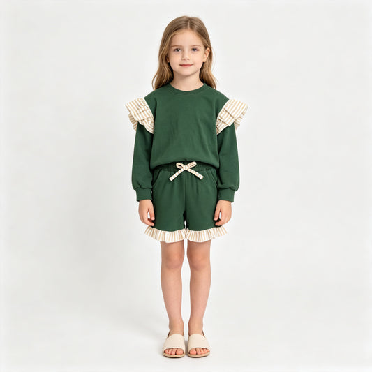 GLS0218（GT1845+SS0998） Sample No Moq Baby Girls Green Stripe Flutter Sleeve Top Pockets Ruffle Short Clothes Set
