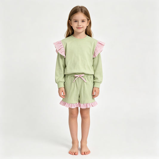 GLS0220（GT1847+SS1000） Sample No Moq Baby Girls Light Green Stripe Flutter Sleeve Top Pockets Ruffle Short Clothes Set