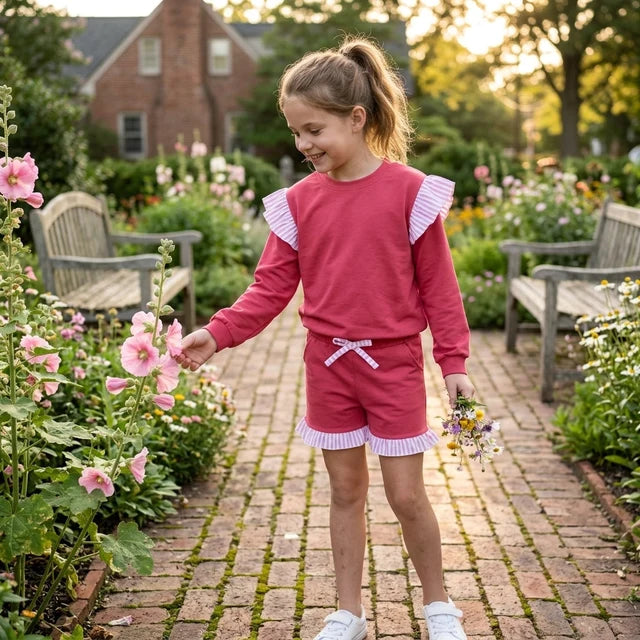 RTS NO MOQ （In stock）cotton GLS0221（GT1848+SS1001） Baby Girls Watermelon Red Stripe Flutter Sleeve Top Pockets Ruffle Short Clothes Set