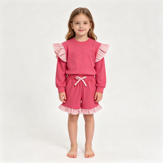 GLS0221（GT1848+SS1001） Sample No Moq Baby Girls Watermelon Red Stripe Flutter Sleeve Top Pockets Ruffle Short Clothes Set