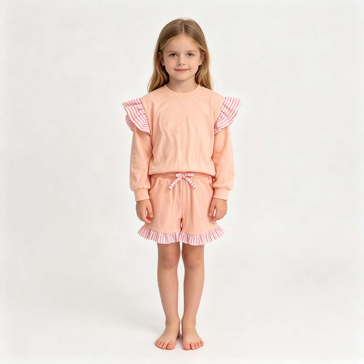 GLS0222（GT1849+SS0996） Sample No Moq Baby Girls Light Pink Stripe Flutter Sleeve Top Pockets Ruffle Short Clothes Set
