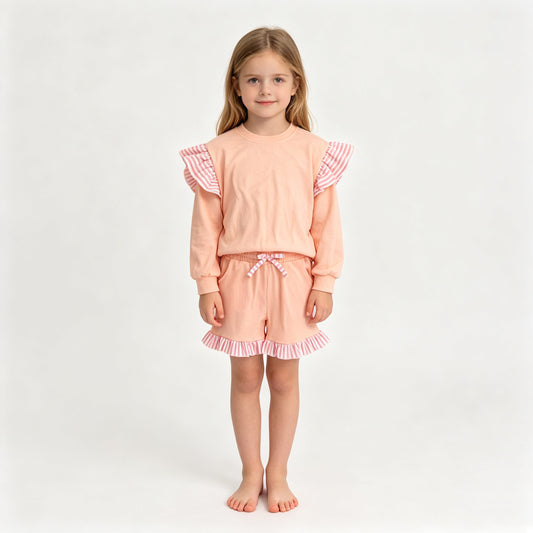 GLS0222（GT1849+SS0996） Sample No Moq Baby Girls Light Pink Stripe Flutter Sleeve Top Pockets Ruffle Short Clothes Set