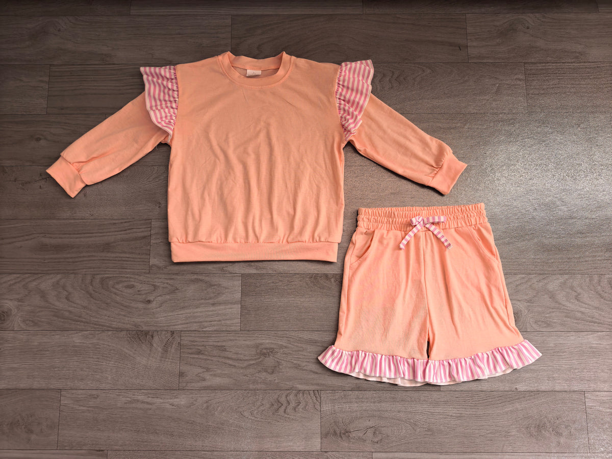 GLS0222（GT1849+SS0996） Sample No Moq Baby Girls Light Pink Stripe Flutter Sleeve Top Pockets Ruffle Short Clothes Set