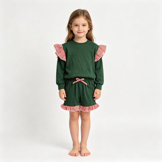 GLS0223（GT1850+SS1002） Sample No Moq Baby Girls Green Red Stripe Flutter Sleeve Top Pockets Ruffle Short Clothes Set