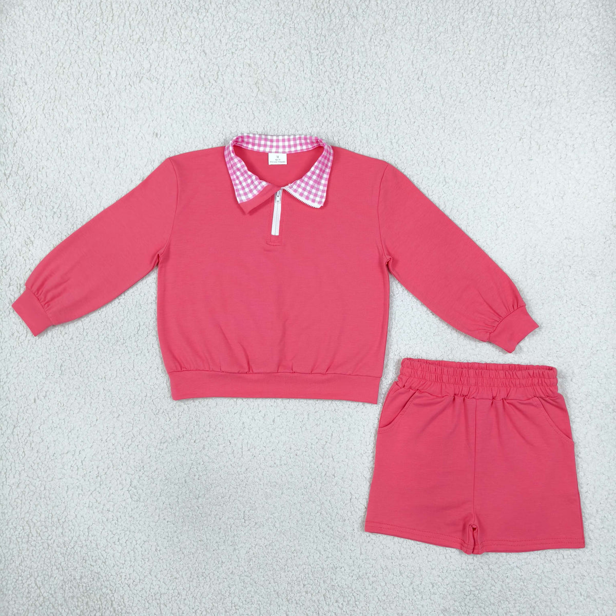 RTS NO MOQ Sibling cotton Baby Girls Solid Color Gingham Collar Half Zip Long Sleeve Top Short Pant Clothes Set