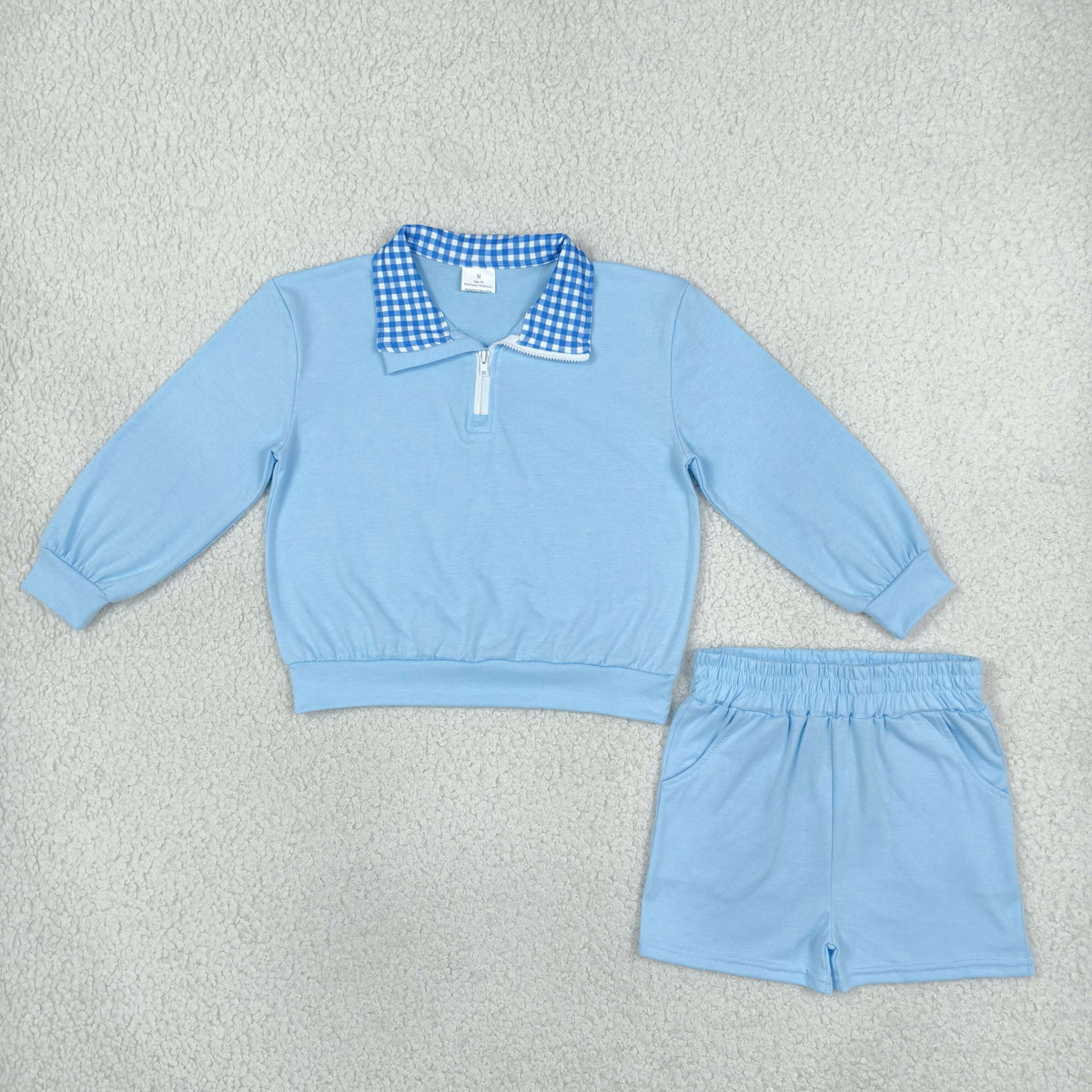 RTS NO MOQ （In stock）cotton GLS0226 Baby Girls Light Blue Long Sleeve Zip Front Pullover Side Pockets Short Clothes Set