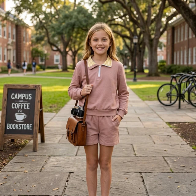 RTS NO MOQ （In stock）cotton GLS0227 Baby Girls Khaki Long Sleeve Zip Front Pullover Side Pockets Short Clothes Set