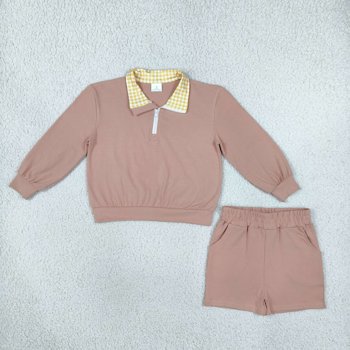 RTS NO MOQ Sibling cotton Baby Girls Solid Color Gingham Collar Half Zip Long Sleeve Top Short Pant Clothes Set