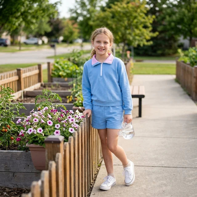 RTS NO MOQ （In stock）cotton GLS0228 Baby Girls Blue Long Sleeve Zip Front Pullover Side Pockets Short Set