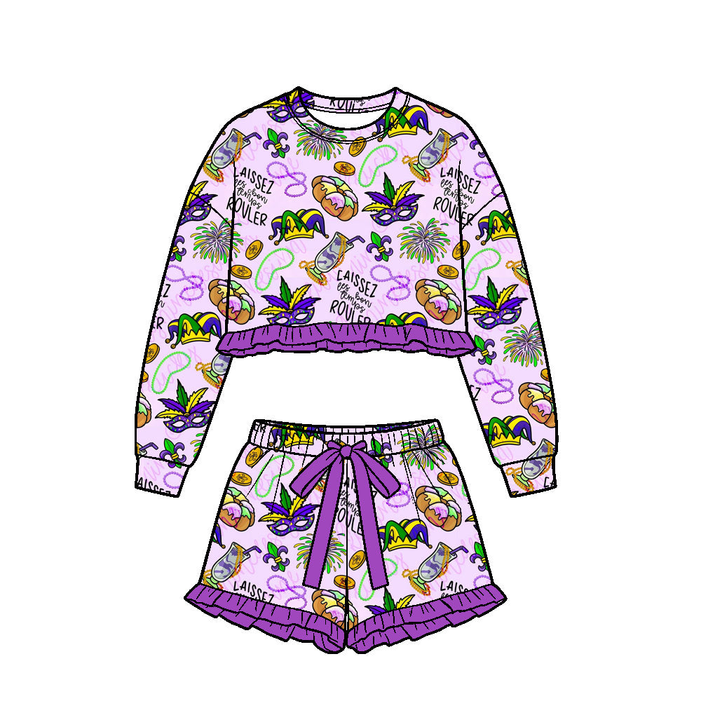 (Preorder new) No moq Baby Girls Ruffle Long Sleeve Crop Top And Ruffle Shorts Set